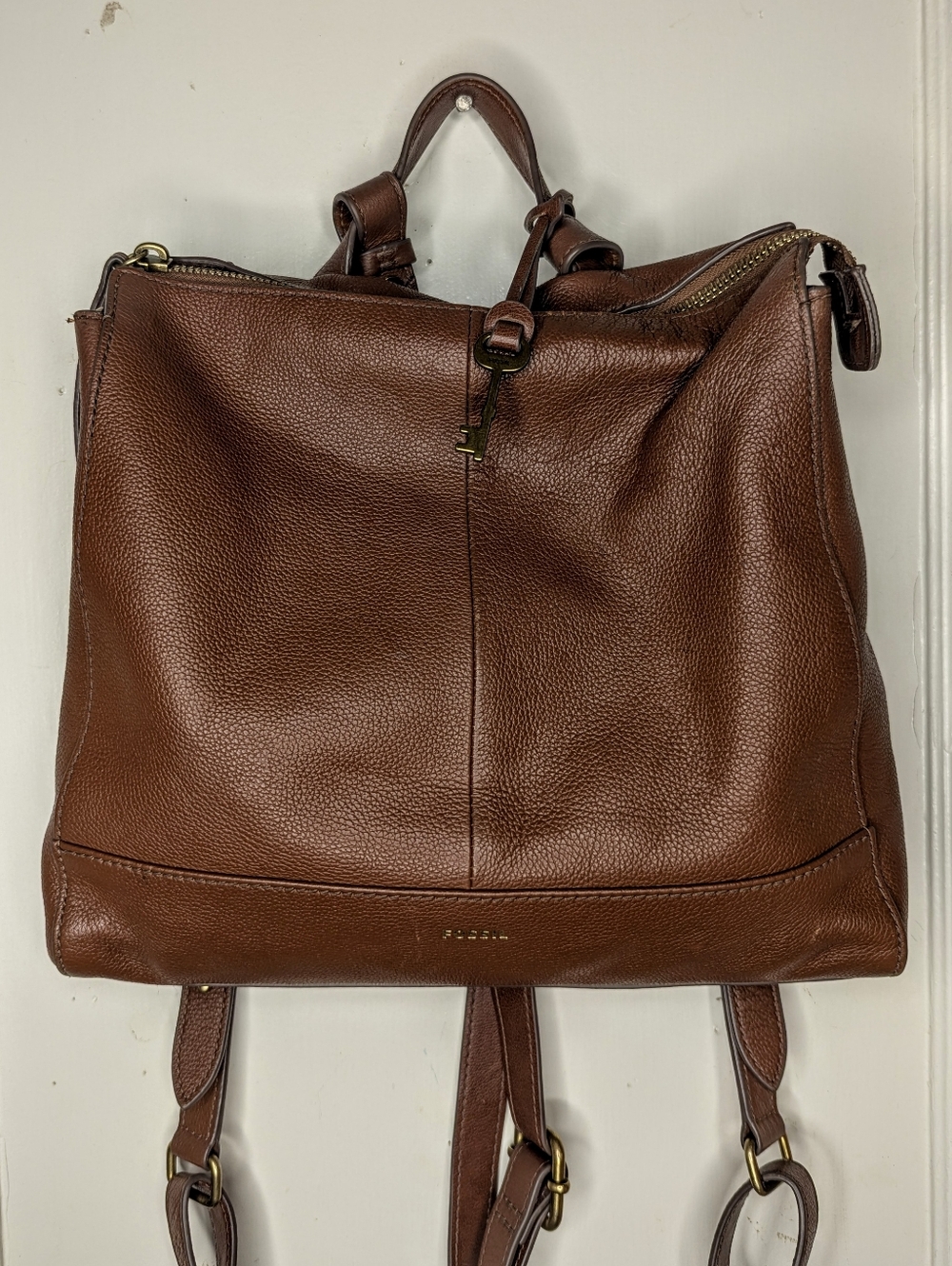 FOSSIL Elina Small Convertible Leather Backpack Crossbody Messenger Bag Brown